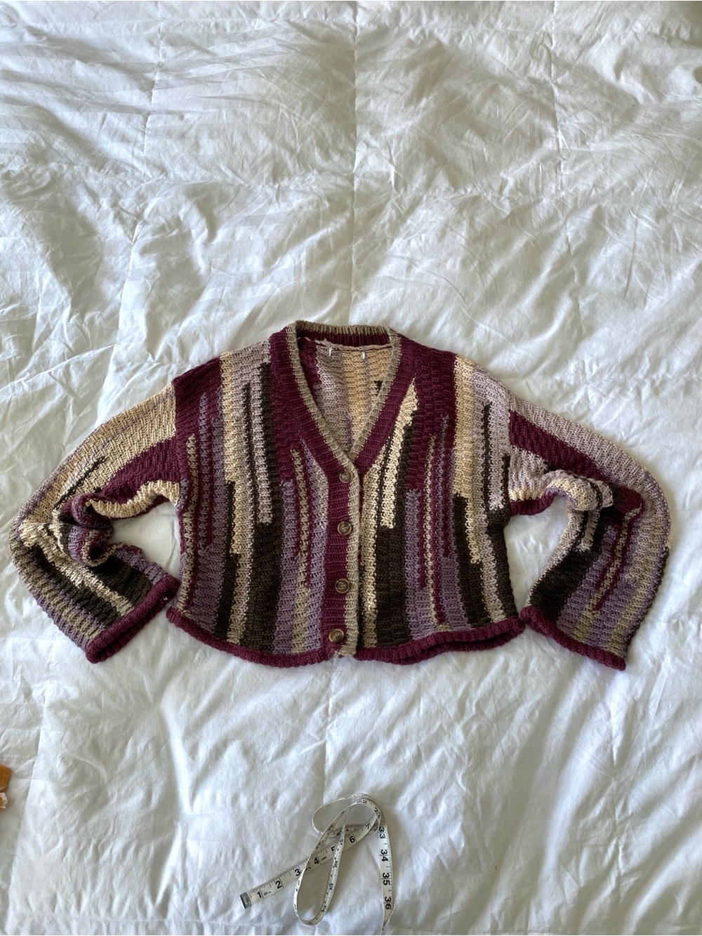 Burgundy Striped Button-Front Crochet Knit Sweater Cardigan